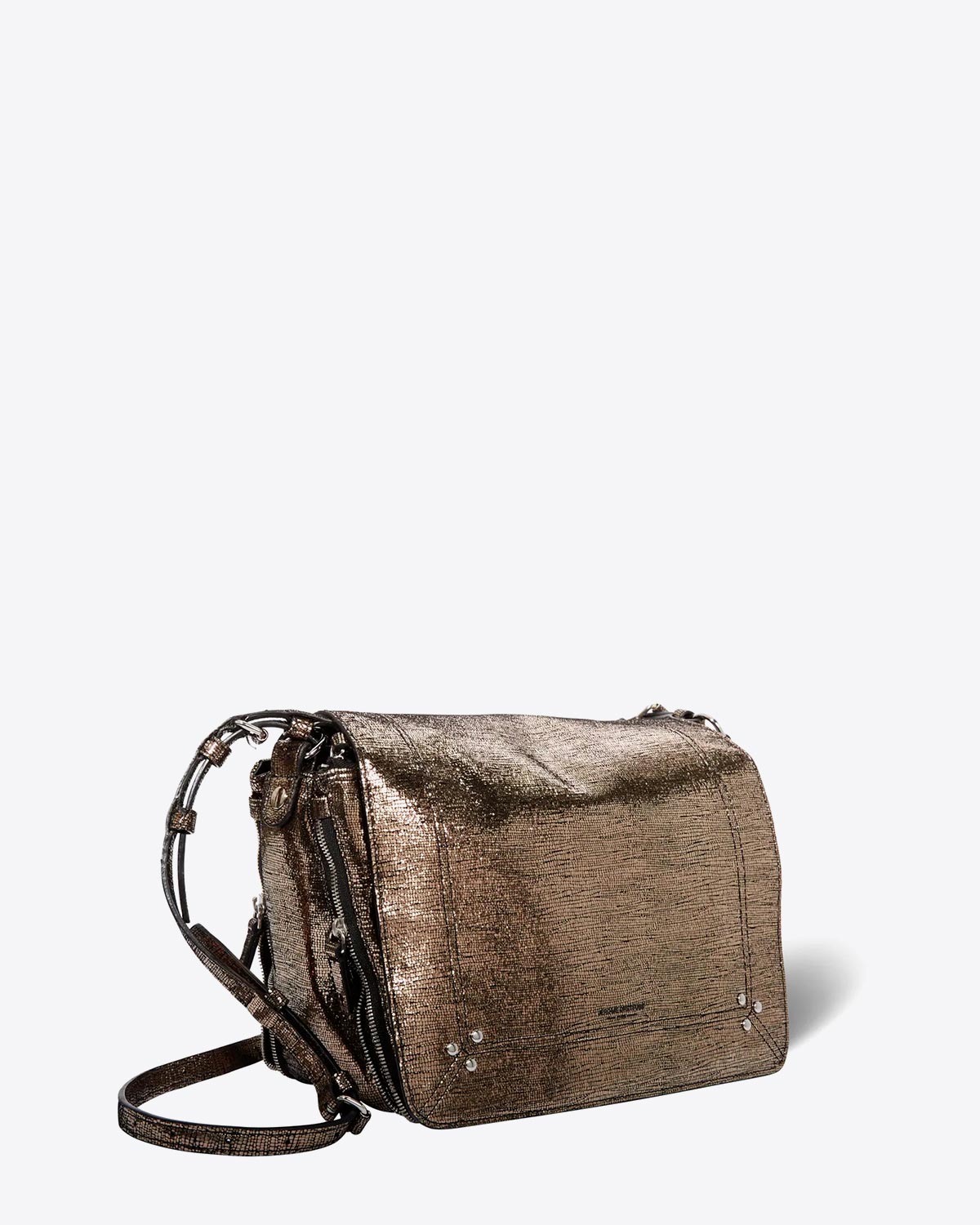 Sac rectangulaire Igor J&eacute;r&ocirc;me Dreyfuss en cuir lam&eacute; champagne. Vue profil.