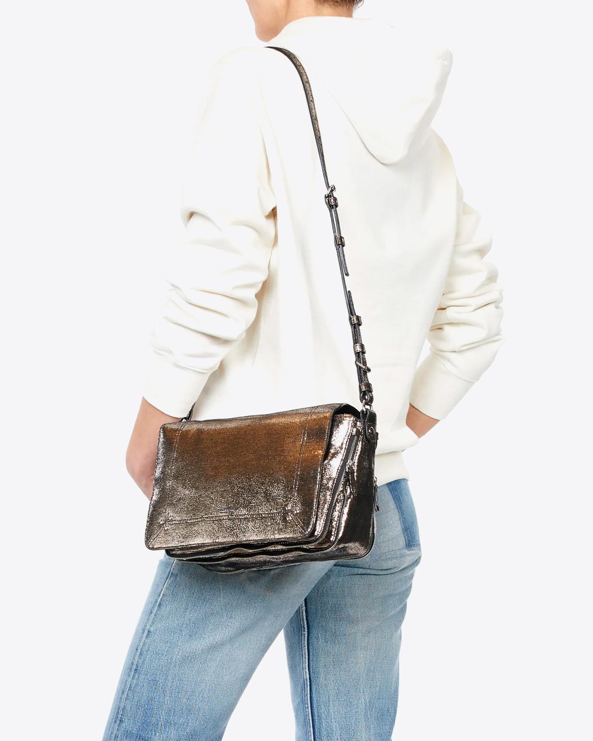 Sac rectangulaire Igor J&eacute;r&ocirc;me Dreyfuss en cuir lam&eacute; champagne. 