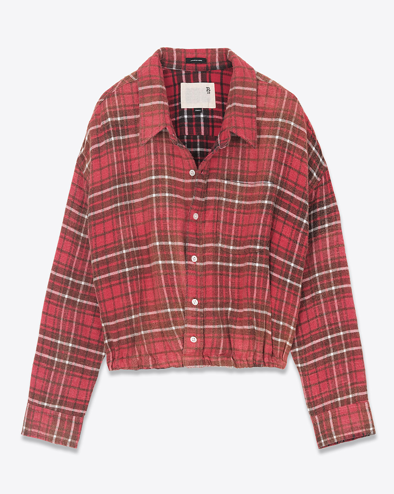 Chemise courte effet blousant à carreaux rouge Crossover Bubble R13. Face. 