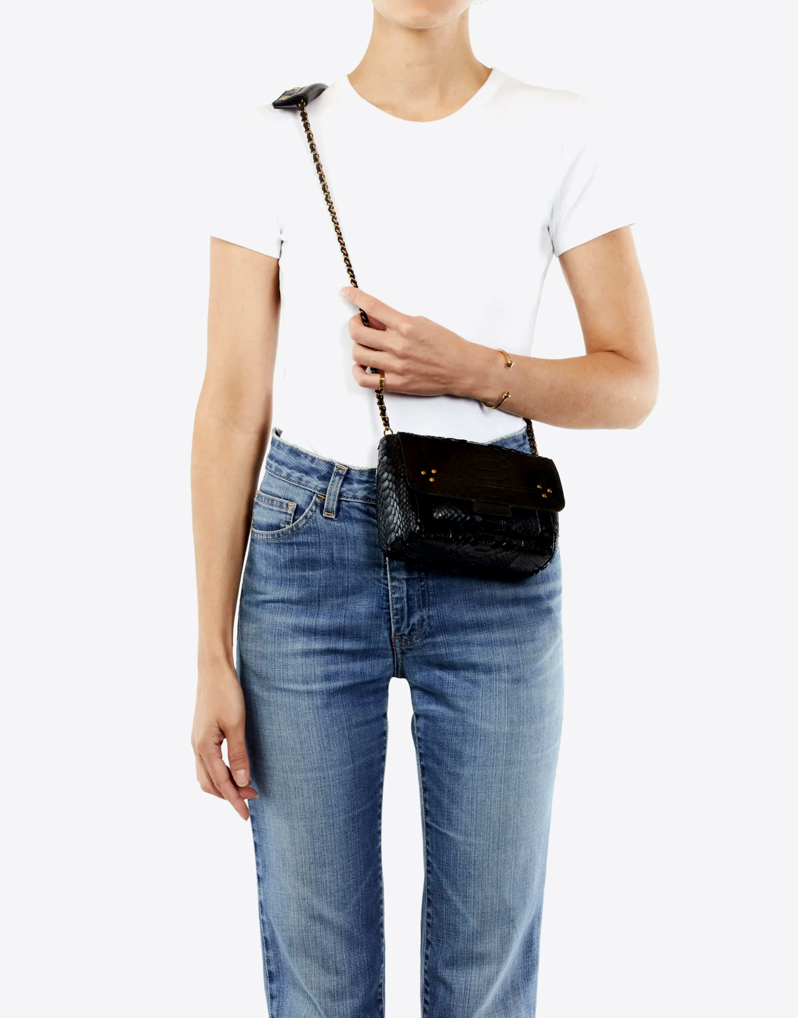 Mini-sac avec chaine en laiton et cuir en python noir Lulu S Jérôme Dreyfuss. Porté Crossbody.